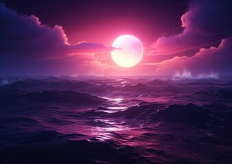 Digital artwork depicting a large moon rising over a stormy ocean with dynamic purple tones