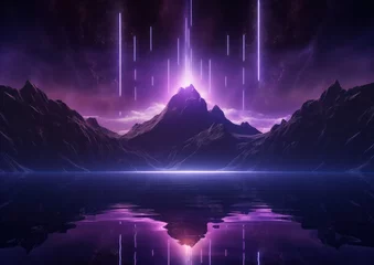 Poster Digital art of a surreal mountain landscape with purple light pillars and reflection © mockupzord