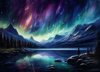 A vivid painting of aurora borealis dancing over a peaceful mountain lake, radiating beauty and tranquility