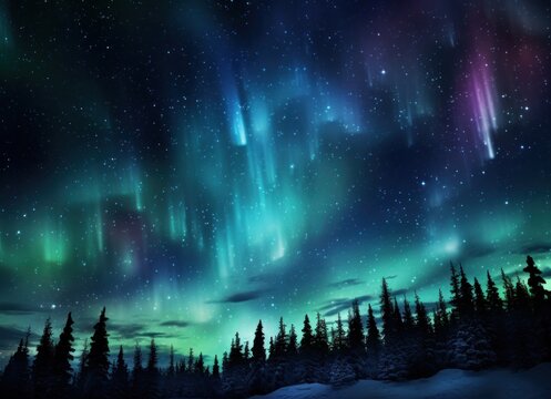 Ethereal image depicting the aurora borealis illuminating the starry night sky above a silhouette of pines