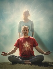 Calm and serene image of a man and woman meditating with a surreal floral backdrop