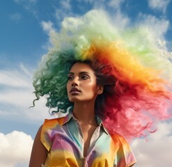 Artistic shot of a woman with hair in rainbow colors looking up to a blue sky with clouds