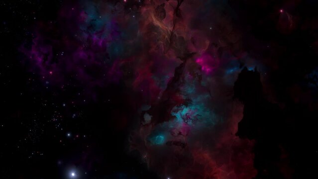 Colorful red galaxy nebulae and stars and flight through space. Slow Camera track among shining nebula. artistic concept 3D animation for space exploration and science fiction.