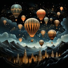 hot air balloons flying in the sky at night, above an illuminated city and mountains, illustration, generative ai 