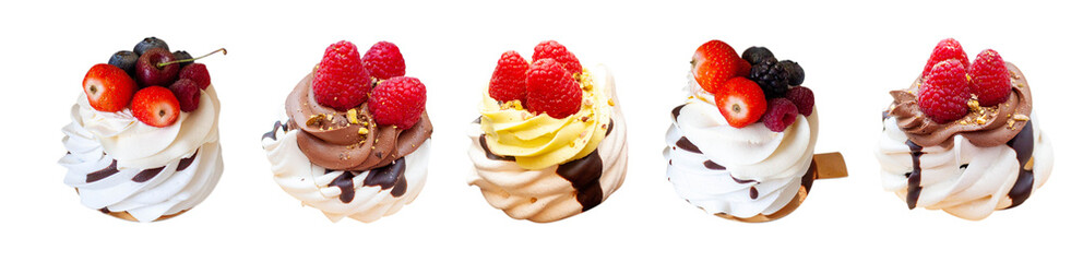 Vanilla and chocolate mini pavlova cakes with whipped cream decorated with fresh berries, isolated on white background, png.