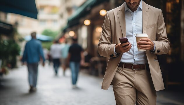 Busy businessman typing sms on smartphone while enjoying coffee break in urban city street