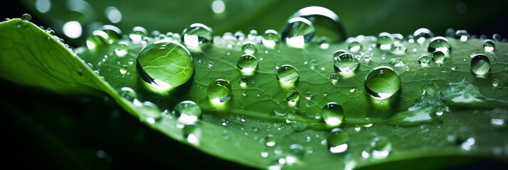 Super macro shot of vibrant green leaf with glistening raindrops and morning sunlight