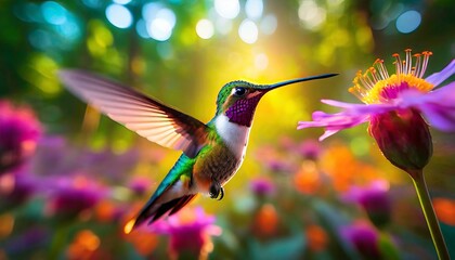A colibri hovering against a colorful background