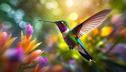 A hummingbird hovering against a colorful background