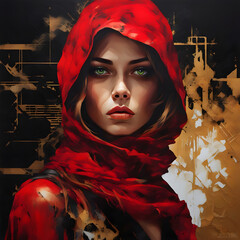 A portrait painting of a gorgeous girl wih a red scarf in dark gold and red details