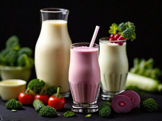 Milk, yogurt, vegetables and fruits on a black background.