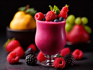 Berry pink smoothie in a transparent glass with fruits and berries on a black background.