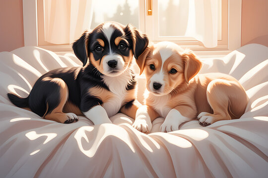 beagle puppy sitting on a bed