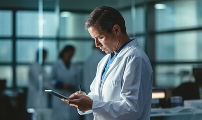 Using Technology for Patient Care: Doctor with Tablet in Modern Hospital - obrazy, fototapety, plakaty