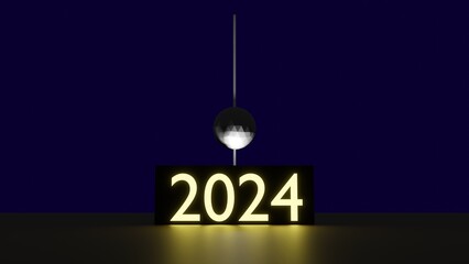 3D render of 2024 ball drop with 2024 illuminated and shining on a reflective surface. Dark blue...