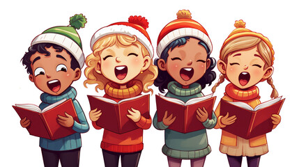 Children's Choir singing Carols cartoon on transparent background