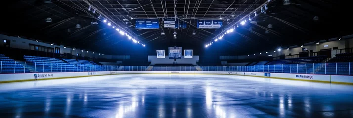 Fotobehang Grand hockey arena empty stands, immaculate rink bathed in bright white and intense blue spotlights © Ilja