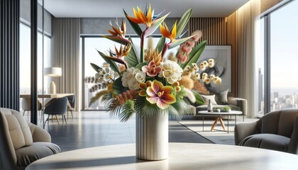 Horizontal professional photo of an exotic bouquet in a modern vase, including bird of paradise,...