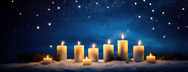 Jewish holiday Hanukkah with nine candles menorah on dark blue stary night sky lights background. - obrazy, fototapety, plakaty