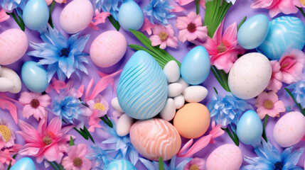 Fototapeta na wymiar Easter pastel background with Easter eggs and flowers