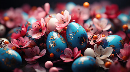 Fototapeta premium Easter pastel background with Easter eggs and flowers