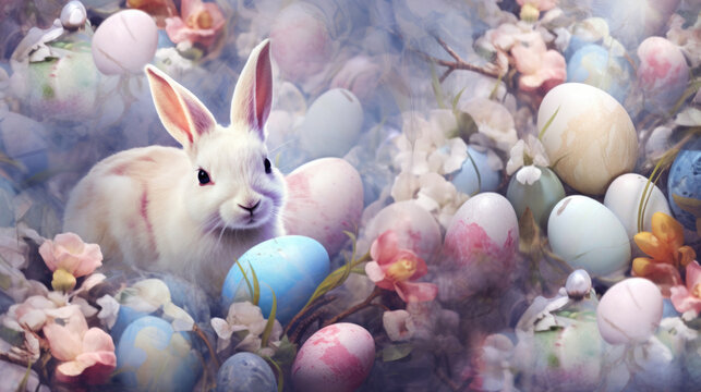 Easter pastel background with Easter eggs and flowers and with a bunny