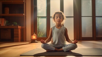 woman and preschooler 5s serene daughter meditating seated in lotus position on warm floor in...