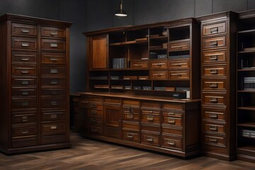 A wooden office cabinet for storage.
