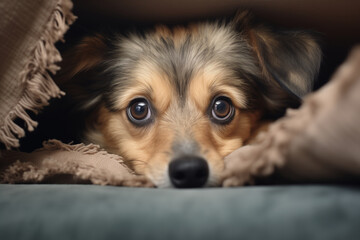 A scared dog hides under the blanket on New Year's Eve. - obrazy, fototapety, plakaty