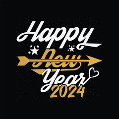 Happy new year 2024. Golden and  white text  style arrow shape vector design Concept for new year holiday, Greeting card ,Celebration template.