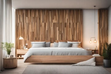 A wooden headboard in a bedroom with soft, neutral colors.