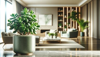 Horizontal professional photo of Crassula ovata (Jade Plant) in a modern pot on marble surface, contemporary interior, blurred background.
