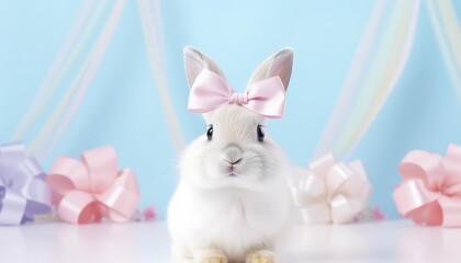 bunny wearing pink  ribbon head band , pastel color with blue ligh ,easter egg