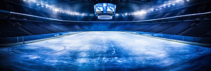 Dazzling professional hockey rink basks in bright spotlights in an empty, darkened arena