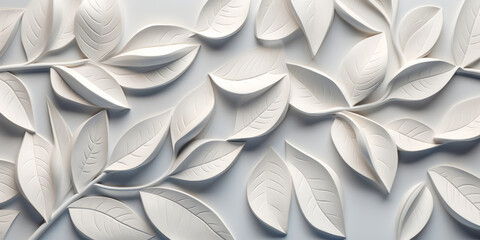 Wall Texture of White 3D Tiles in Geometric Floral Leaves Design, Panoramic Banner