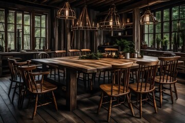 A rustic wooden dining table surrounded by mismatched chairs.