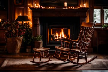 A cozy wooden rocking chair by a fireplace.