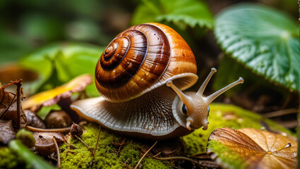 snail on leaf,
 snail leisurely crawls on the grass,
 snail sits on a branch with a green background,