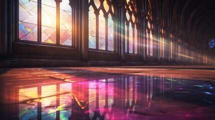 Floor reflection of colorful sun rays through stained church windows