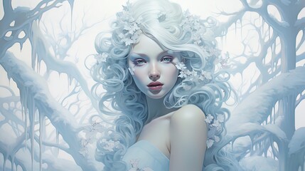 beautiful winter goddess wearing white gown dress in winter forest, character design illustration, Generative Ai	
 - obrazy, fototapety, plakaty