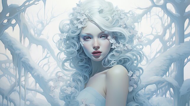 beautiful winter goddess wearing white gown dress in winter forest, character design illustration, Generative Ai	
