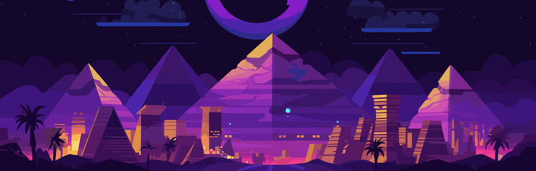 Night futuristic neon Egyptian city with pyramid background. Dark cyber architecture landmark in a desert landscape. Illuminated purple antique environment. A dreamy cityscape of Cairo in the moonligh