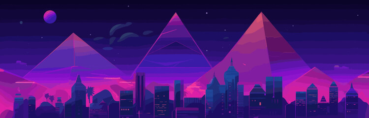 Night futuristic neon Egyptian city with pyramid background. Dark cyber architecture landmark in a desert landscape. Illuminated purple antique environment. A dreamy cityscape of Cairo in the moonligh