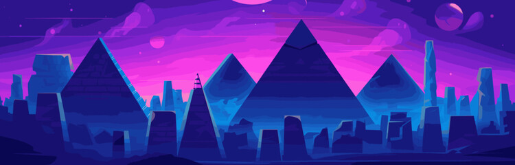 Night futuristic neon Egyptian city with pyramid background. Dark cyber architecture landmark in a desert landscape. Illuminated purple antique environment. A dreamy cityscape of Cairo in the moonligh - obrazy, fototapety, plakaty