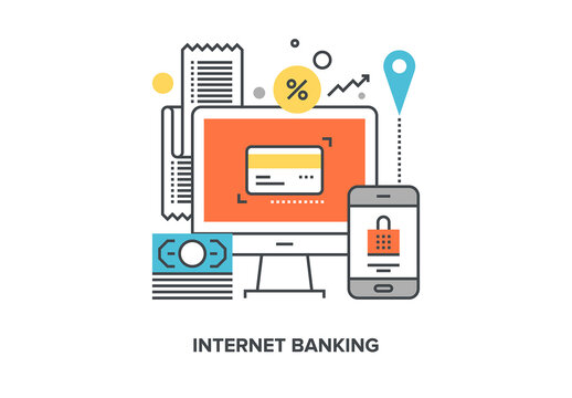 Vector illustration of internet banking flat line design concept.