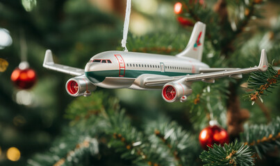 A passenger airplane festive decoration hanging on a Christmas tree. Seasonal christmas travel
