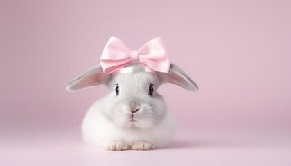 Obraz na płótnie Canvas bunny wearing pink ribbon head band , pastel color , pink background 