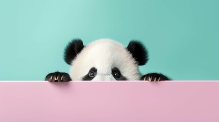Creative Animal Concept. Panda peeking over pastel bright background. photography ::10 , 8k, 8k...