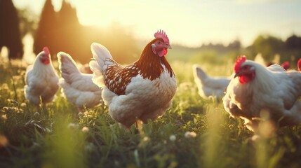 Hen with chickens outdoors on a pasture in the sun. Organic poultry farm. nature farming. photography ::10 , 8k, 8k render
