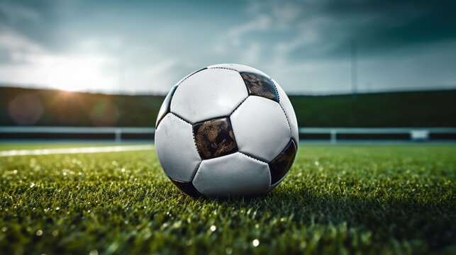 Black and white soccer and football ball in the field. Horizontal sport theme poster, greeting cards, headers, website and app photography ::10 , 8k, 8k render